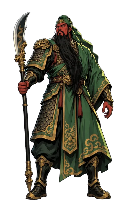 Guan Yu, full-body character art, standing before a night army camp